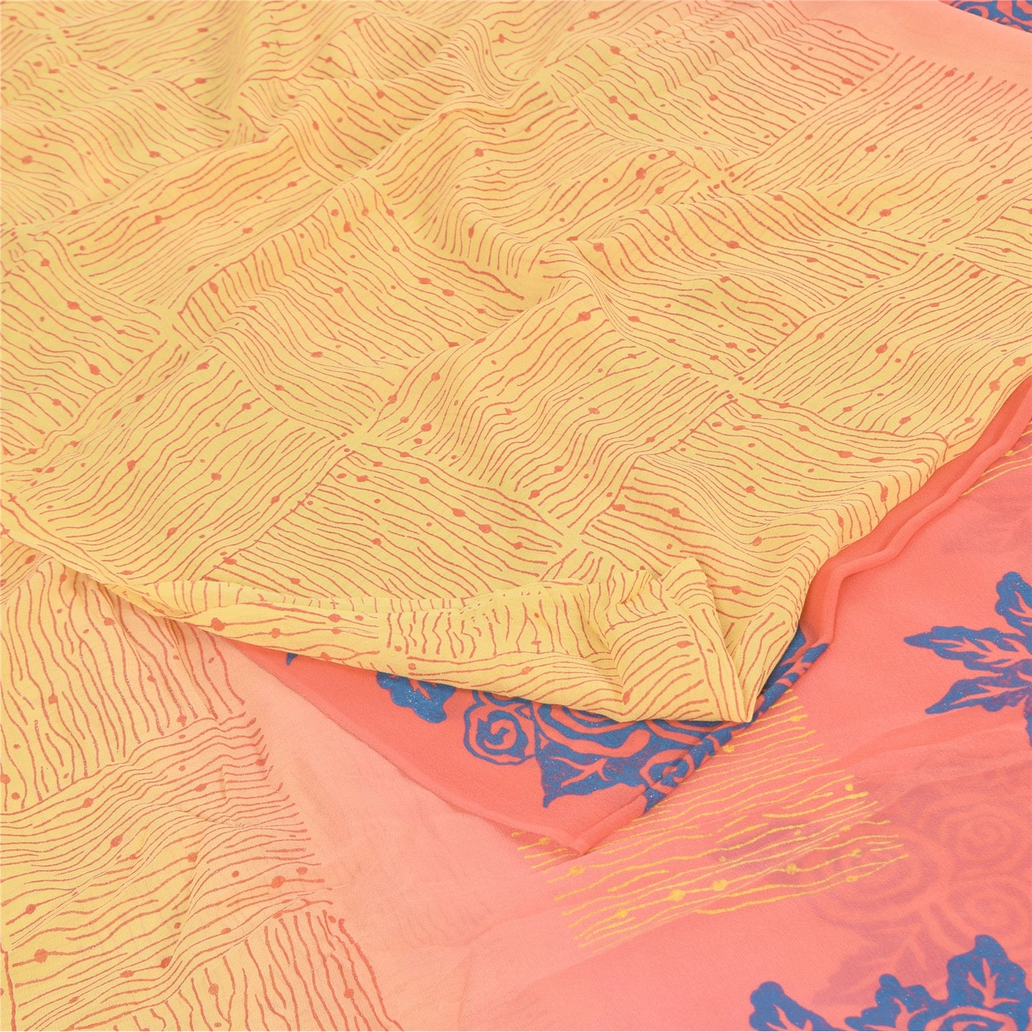 Sanskriti Vintage Sarees Yellow/Pink Pure Georgette Silk Printed Sari 5yd Sustainable Fabric