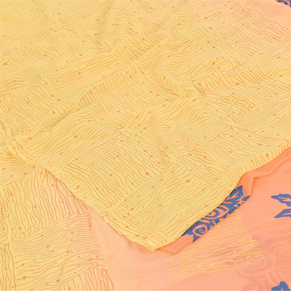 Sanskriti Vintage Sarees Yellow/Pink Pure Georgette Silk Printed Sari 5yd Sustainable Fabric