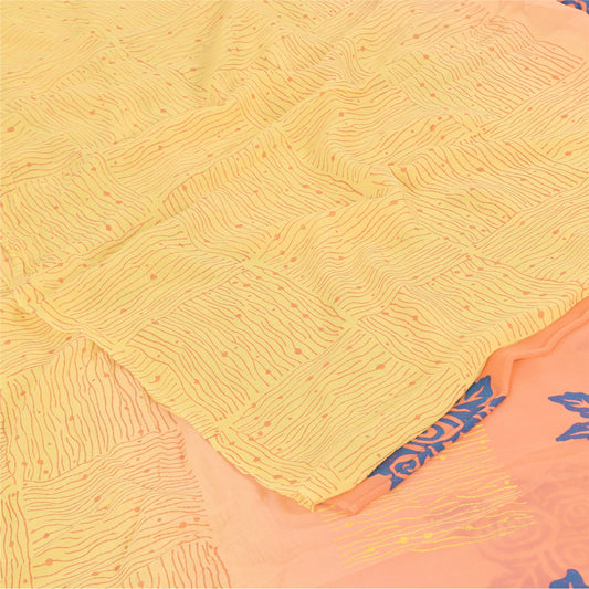 Sanskriti Vintage Sarees Yellow/Pink Pure Georgette Silk Printed Sari 5yd Sustainable Fabric
