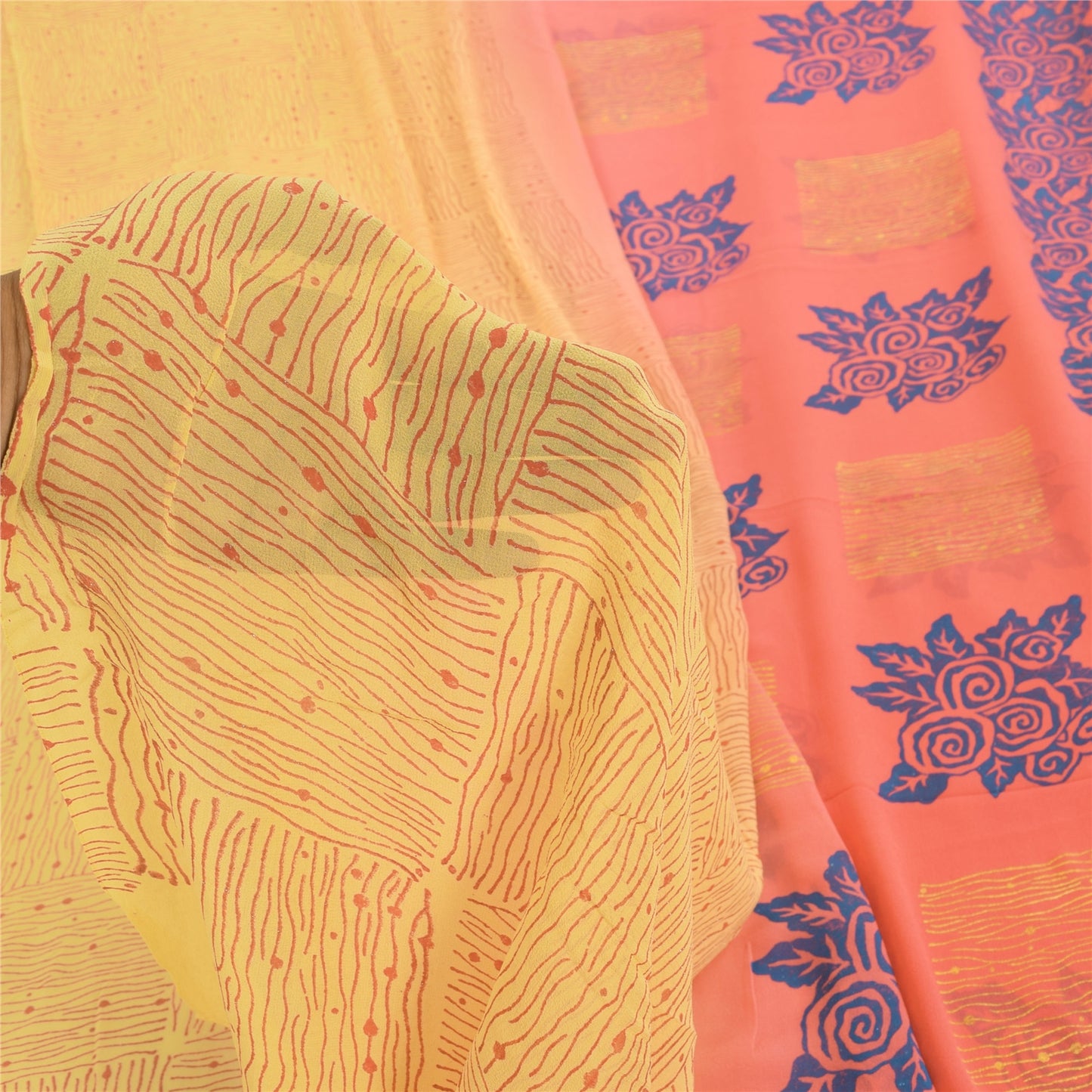 Sanskriti Vintage Sarees Yellow/Pink Pure Georgette Silk Printed Sari 5yd Sustainable Fabric
