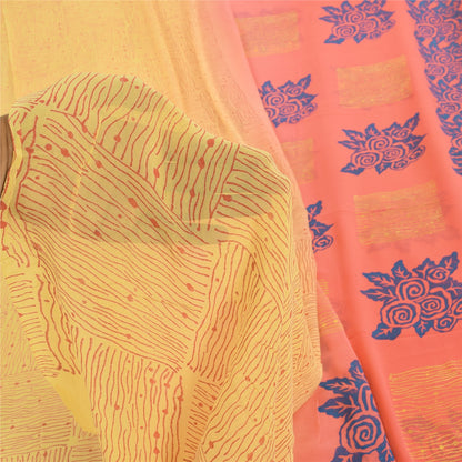 Sanskriti Vintage Sarees Yellow/Pink Pure Georgette Silk Printed Sari 5yd Sustainable Fabric