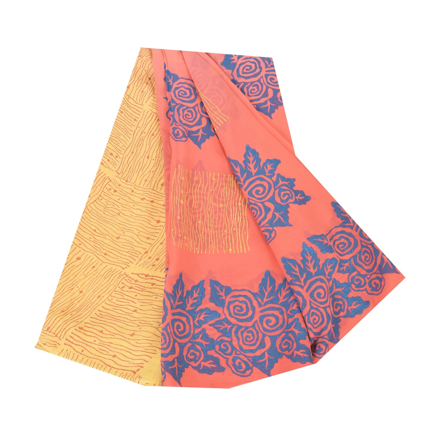 Sanskriti Vintage Sarees Yellow/Pink Pure Georgette Silk Printed Sari 5yd Sustainable Fabric