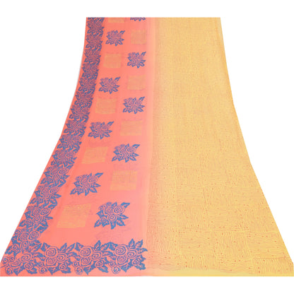 Sanskriti Vintage Sarees Yellow/Pink Pure Georgette Silk Printed Sari 5yd Sustainable Fabric