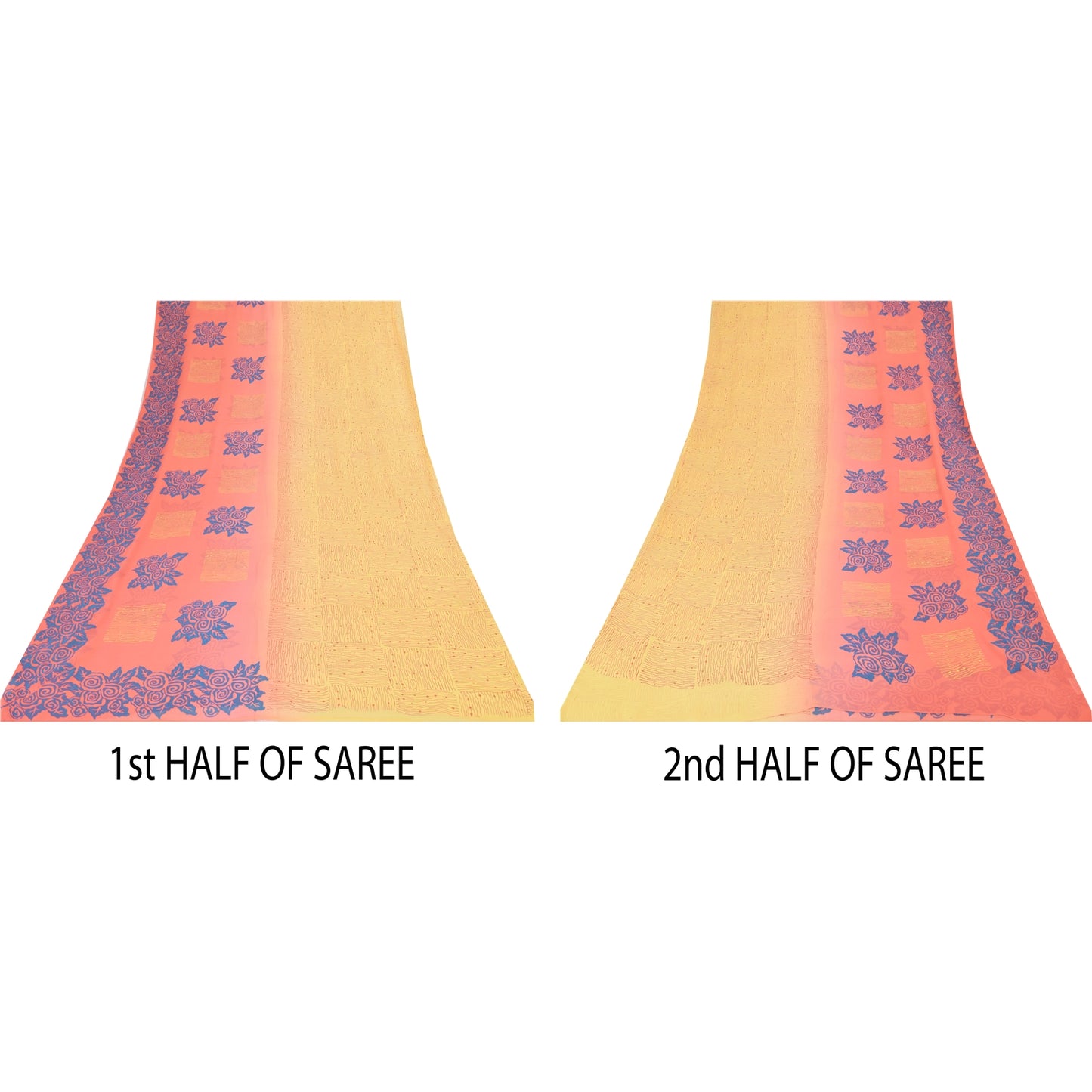 Sanskriti Vintage Sarees Yellow/Pink Pure Georgette Silk Printed Sari 5yd Sustainable Fabric