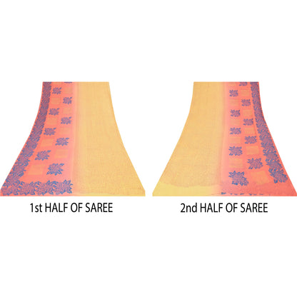 Sanskriti Vintage Sarees Yellow/Pink Pure Georgette Silk Printed Sari 5yd Sustainable Fabric