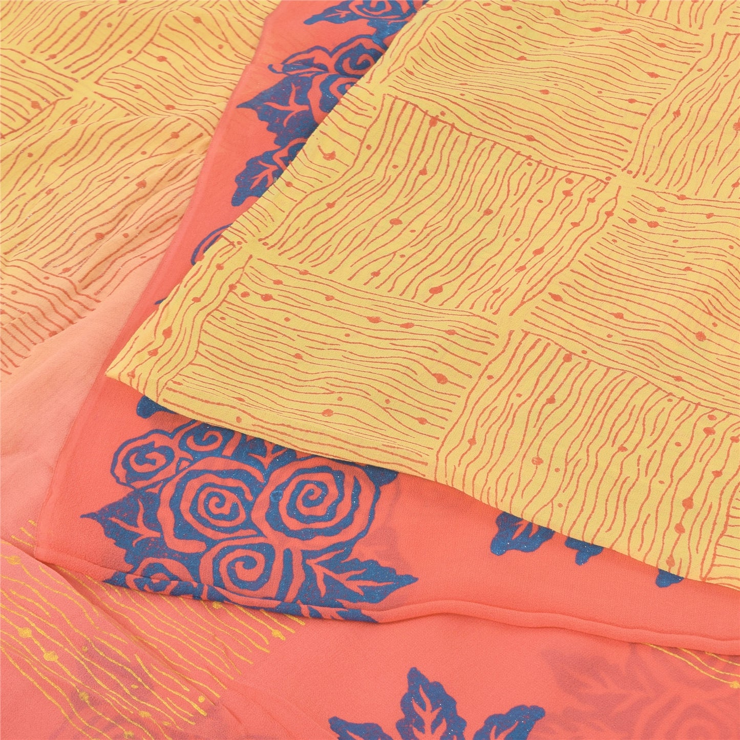 Sanskriti Vintage Sarees Yellow/Pink Pure Georgette Silk Printed Sari 5yd Sustainable Fabric