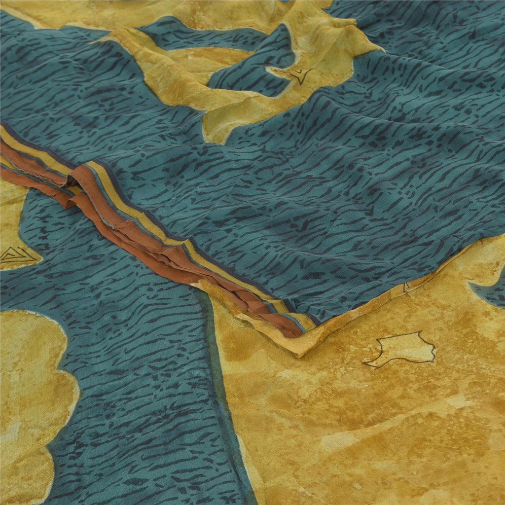 Sanskriti Vintage Sarees Blue/Green Pure Georgette Silk Printed Sari 5yd Sustainable Fabric