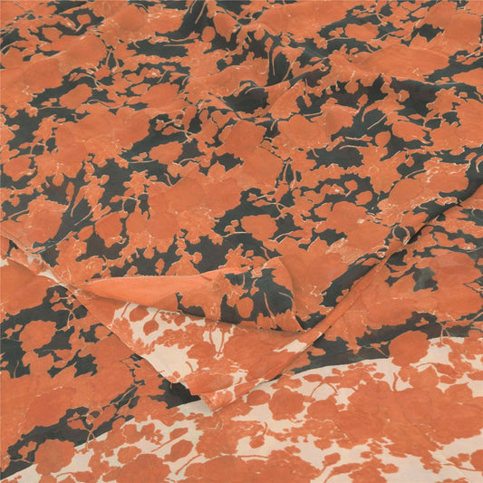 Sanskriti Vintage Sarees Orange Pure Georgette Silk Print Sari 5yd Craft Sustainable Fabric