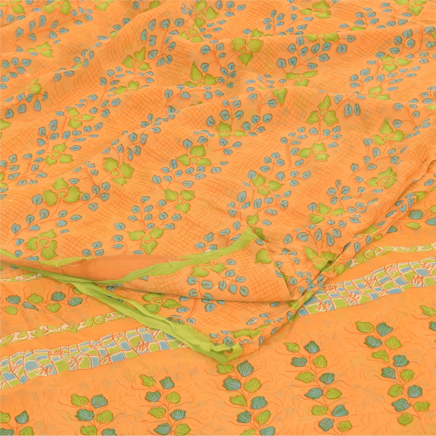 Sanskriti Vintage Sarees Yellow Pure Georgette Silk Print Sari 5yd Craft Sustainable Fabric