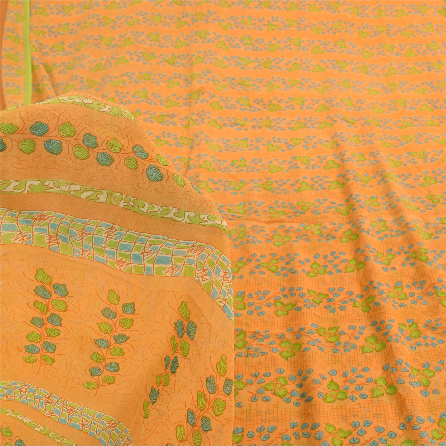Sanskriti Vintage Sarees Yellow Pure Georgette Silk Print Sari 5yd Craft Sustainable Fabric