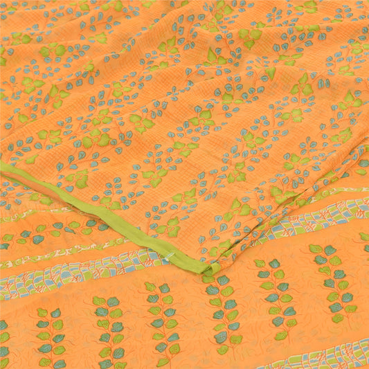 Sanskriti Vintage Sarees Yellow Pure Georgette Silk Print Sari 5yd Craft Sustainable Fabric