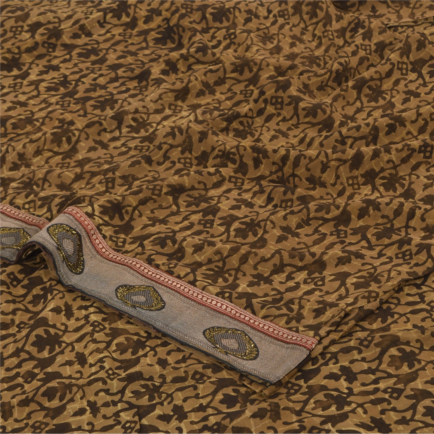 Sanskriti Vintage Sarees Brown Pure Georgette Silk Printed Sari 5yd Craft Sustainable Fabric