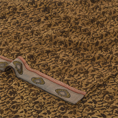 Sanskriti Vintage Sarees Brown Pure Georgette Silk Printed Sari 5yd Craft Sustainable Fabric