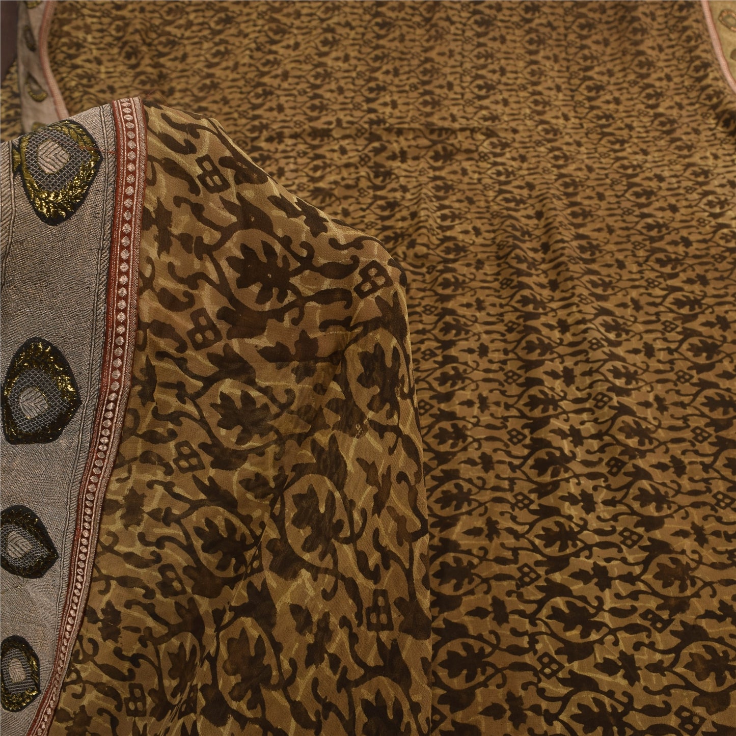 Sanskriti Vintage Sarees Brown Pure Georgette Silk Printed Sari 5yd Craft Sustainable Fabric