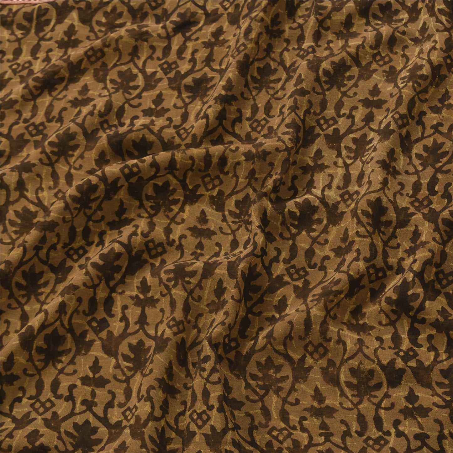 Sanskriti Vintage Sarees Brown Pure Georgette Silk Printed Sari 5yd Craft Sustainable Fabric
