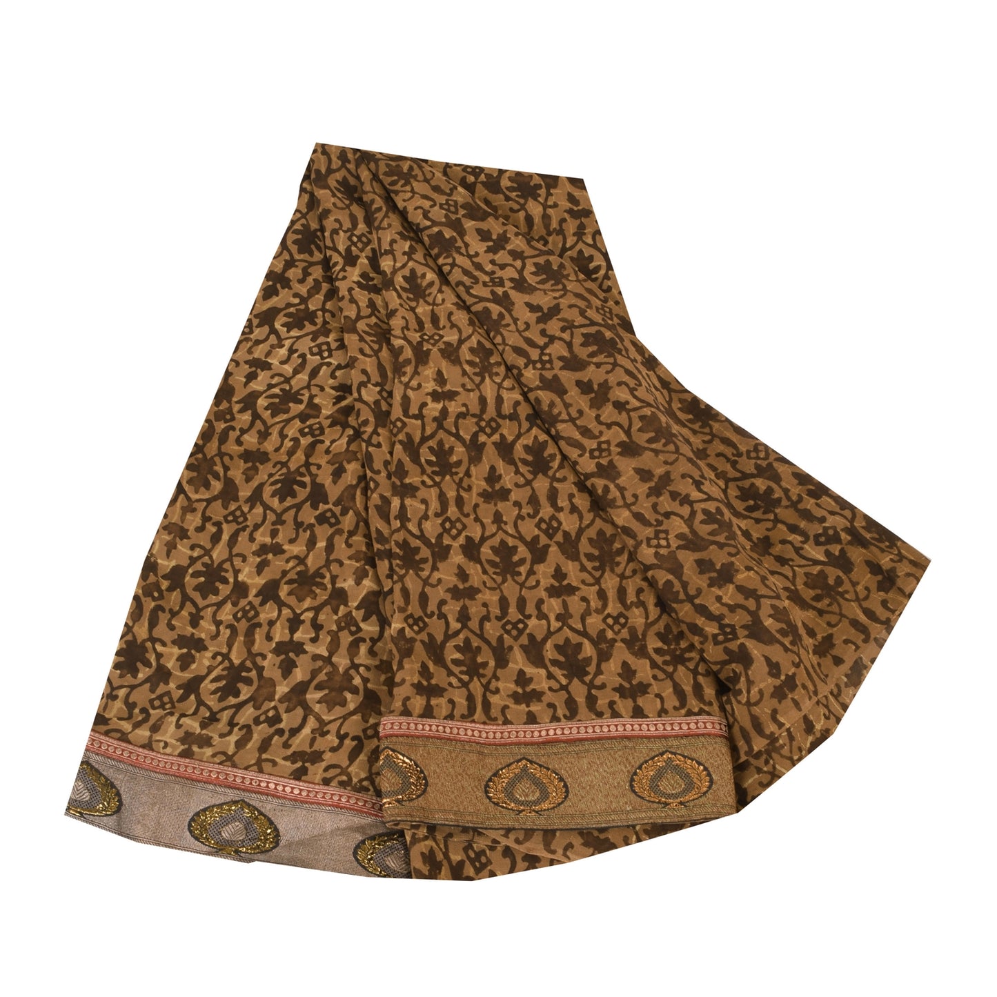 Sanskriti Vintage Sarees Brown Pure Georgette Silk Printed Sari 5yd Craft Sustainable Fabric