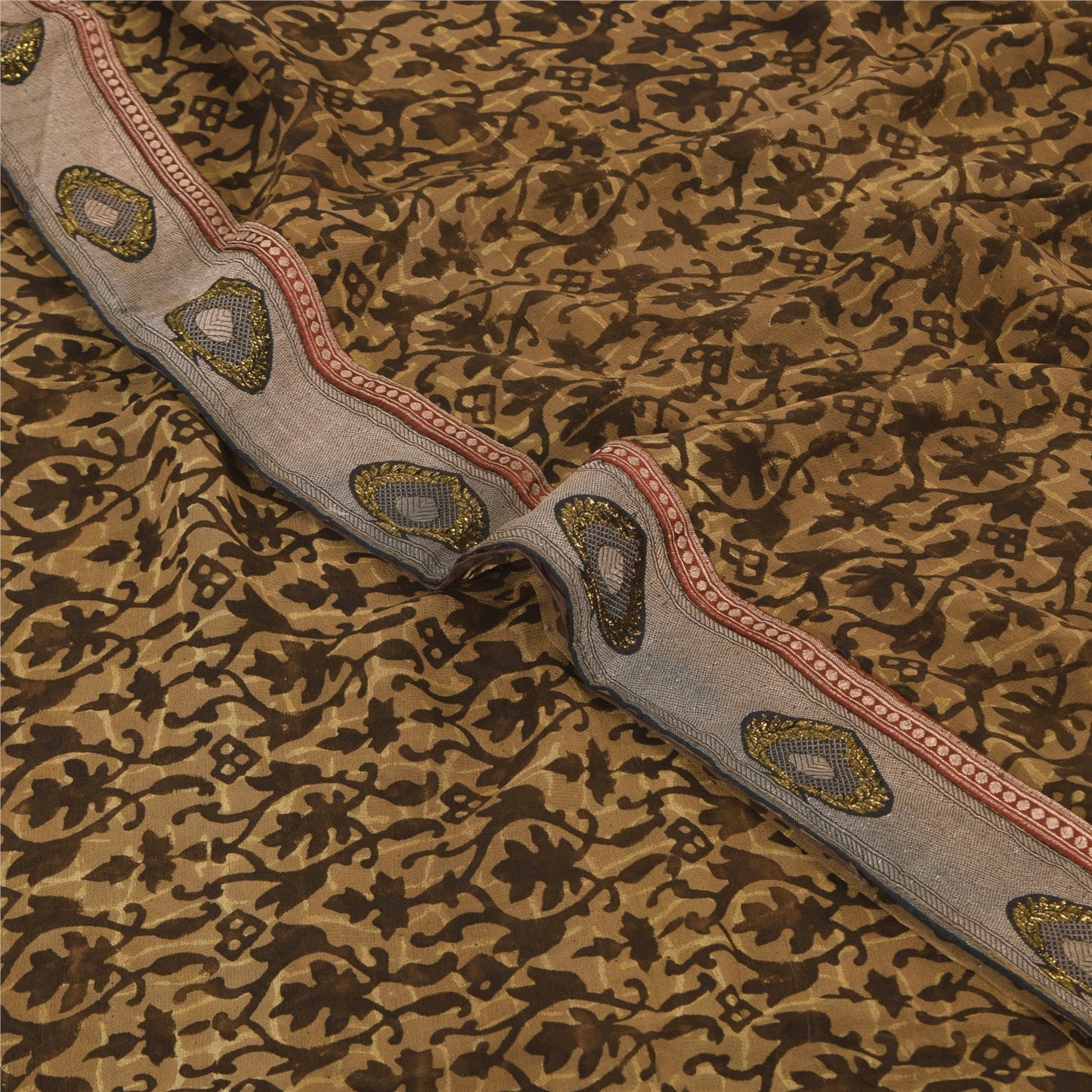 Sanskriti Vintage Sarees Brown Pure Georgette Silk Printed Sari 5yd Craft Sustainable Fabric