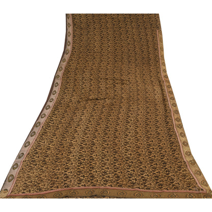 Sanskriti Vintage Sarees Brown Pure Georgette Silk Printed Sari 5yd Craft Sustainable Fabric