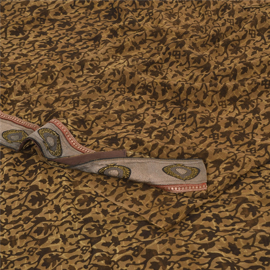 Sanskriti Vintage Sarees Brown Pure Georgette Silk Printed Sari 5yd Craft Sustainable Fabric