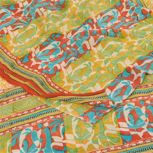 Sanskriti Vintage Sarees Yellow Pure Georgette Silk Print Sari 5yd Craft Sustainable Fabric