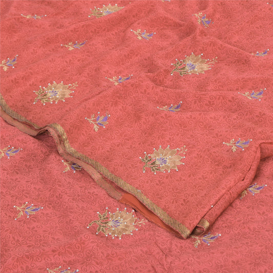 Sanskriti Vintage Sarees Coral Hand Beaded Pure Georgette Printed Sari Sustainable Fabric