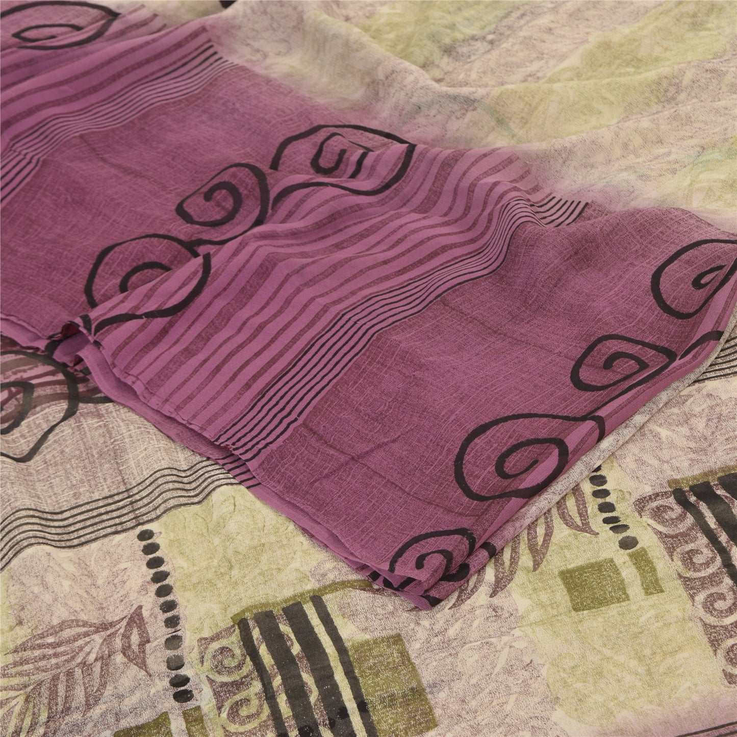 Sanskriti Vintage Sarees Purple/CreamPure Georgette Silk Printed Sari 5yd Sustainable Fabric