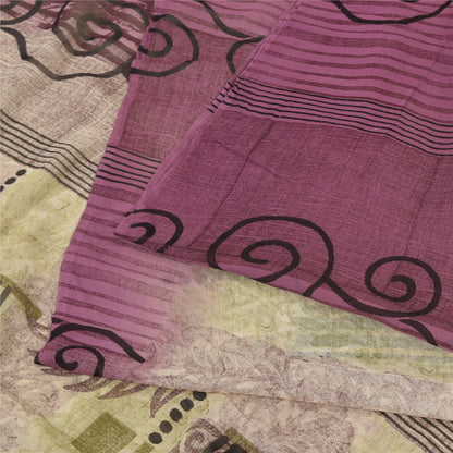 Sanskriti Vintage Sarees Purple/CreamPure Georgette Silk Printed Sari 5yd Sustainable Fabric