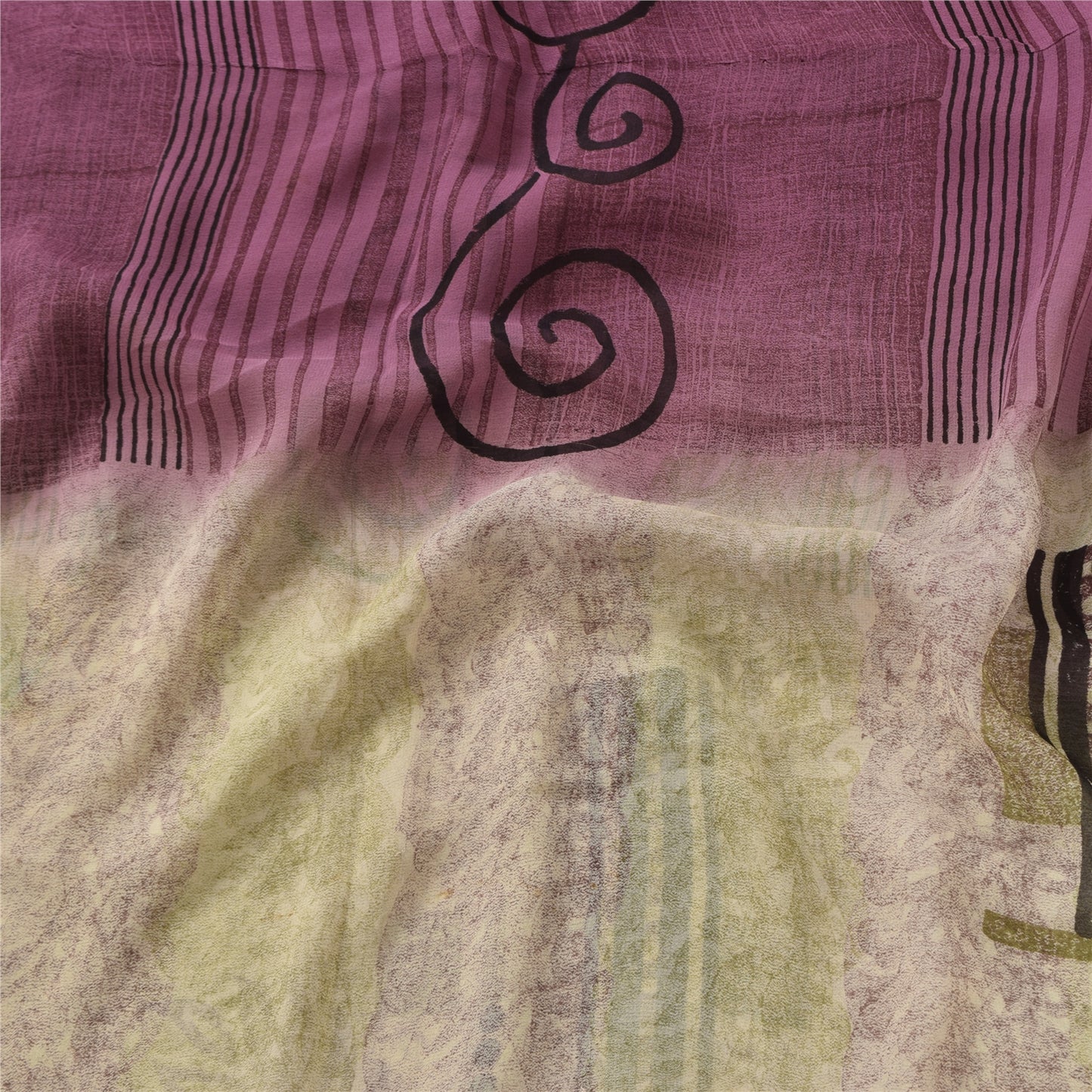Sanskriti Vintage Sarees Purple/CreamPure Georgette Silk Printed Sari 5yd Sustainable Fabric