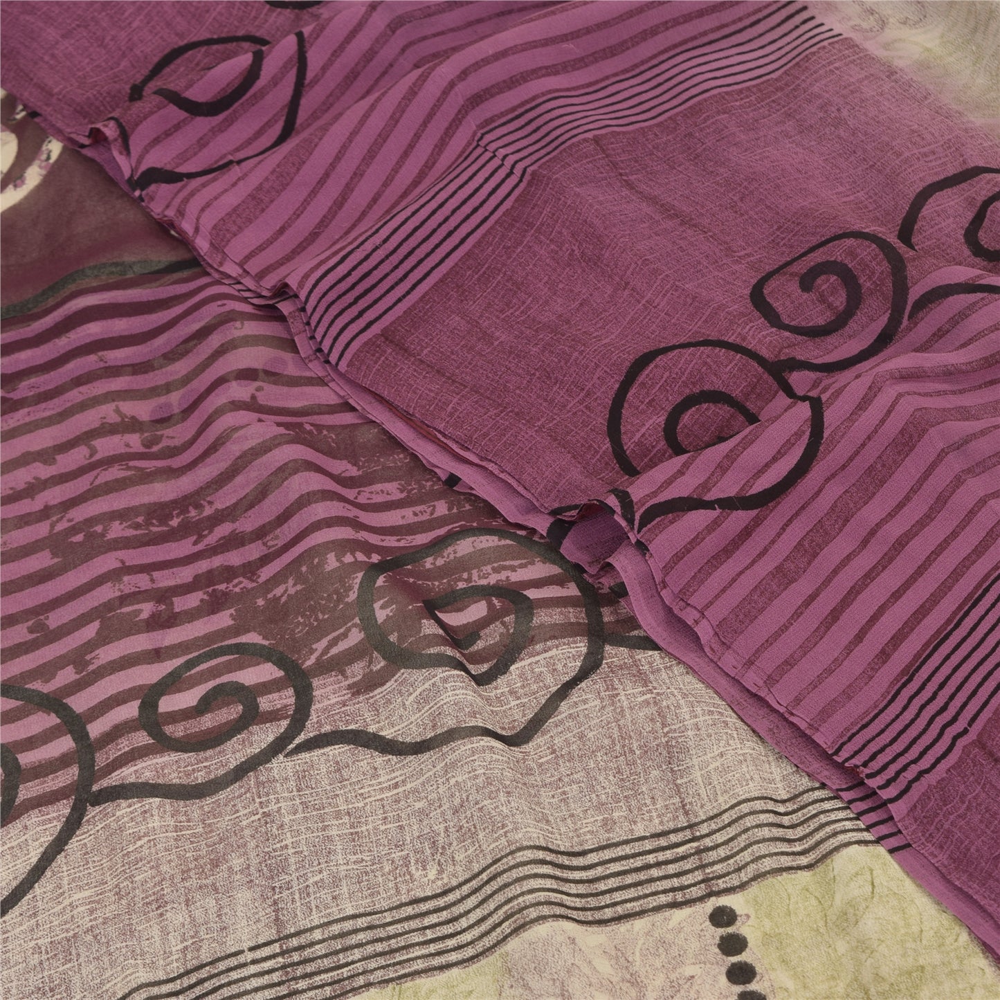 Sanskriti Vintage Sarees Purple/CreamPure Georgette Silk Printed Sari 5yd Sustainable Fabric