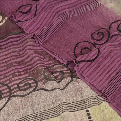 Sanskriti Vintage Sarees Purple/CreamPure Georgette Silk Printed Sari 5yd Sustainable Fabric