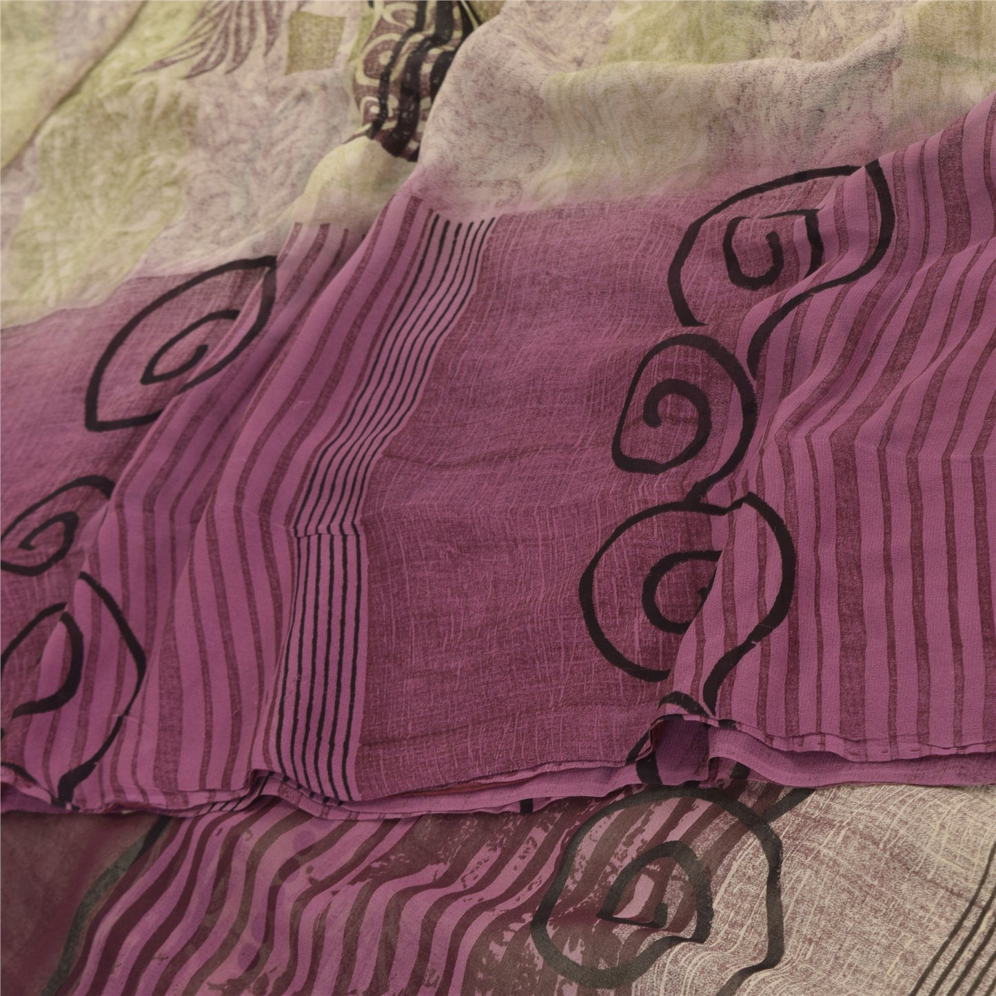 Sanskriti Vintage Sarees Purple/CreamPure Georgette Silk Printed Sari 5yd Sustainable Fabric