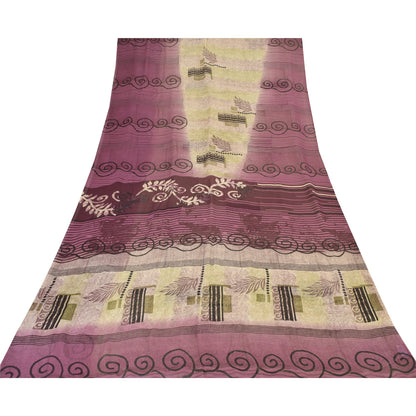 Sanskriti Vintage Sarees Purple/CreamPure Georgette Silk Printed Sari 5yd Sustainable Fabric