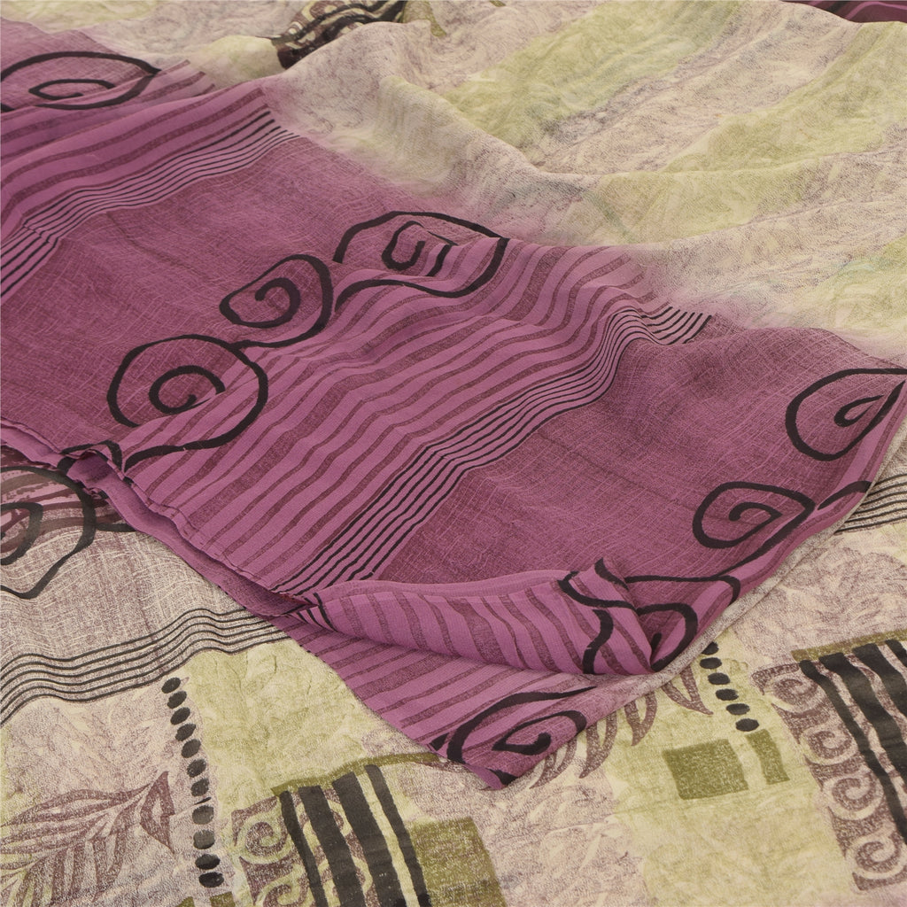 Sanskriti Vintage Sarees Purple/CreamPure Georgette Silk Printed Sari 5yd Sustainable Fabric