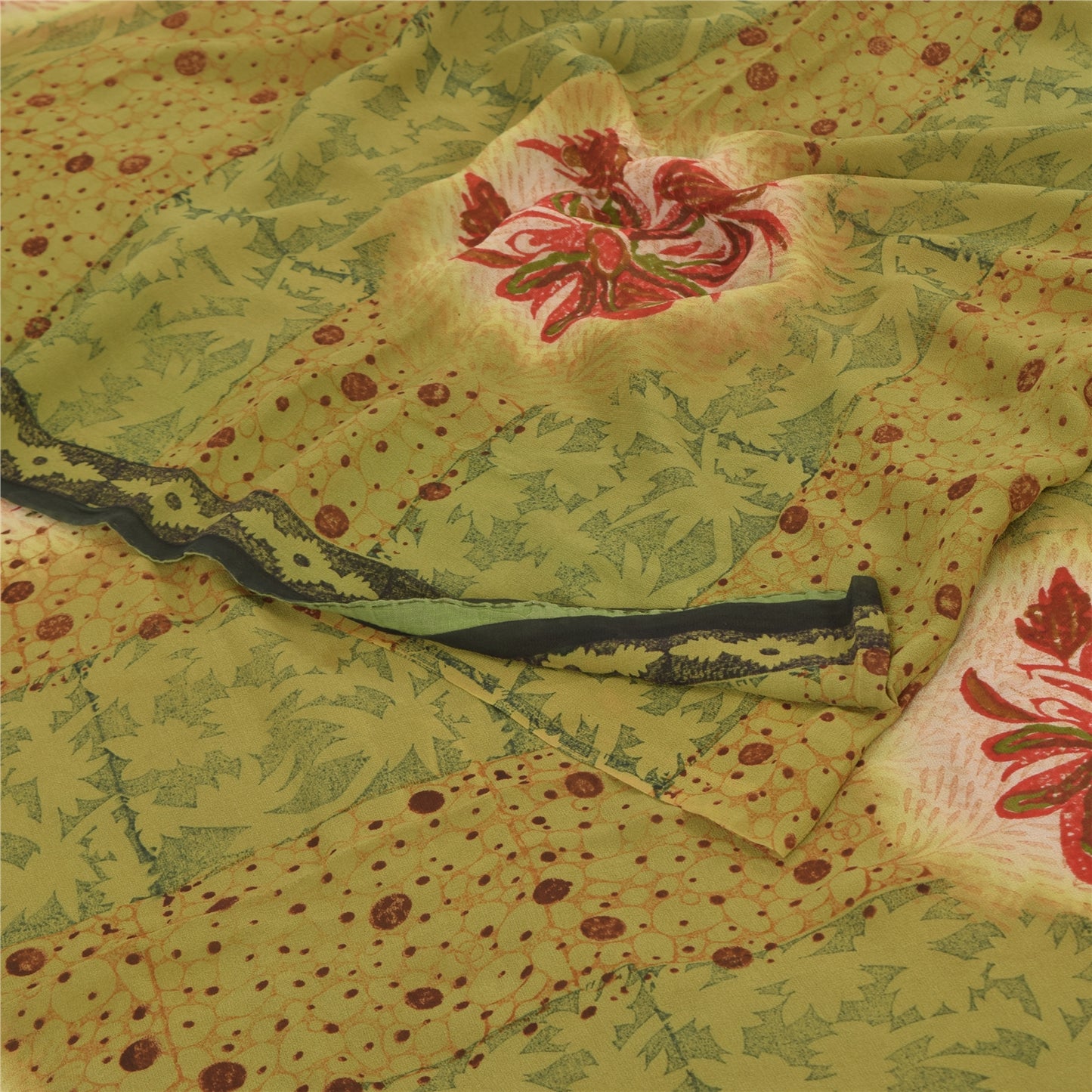 Sanskriti Vintage Sarees Green Pure Georgette Silk Printed Sari 5yd Craft Sustainable Fabric