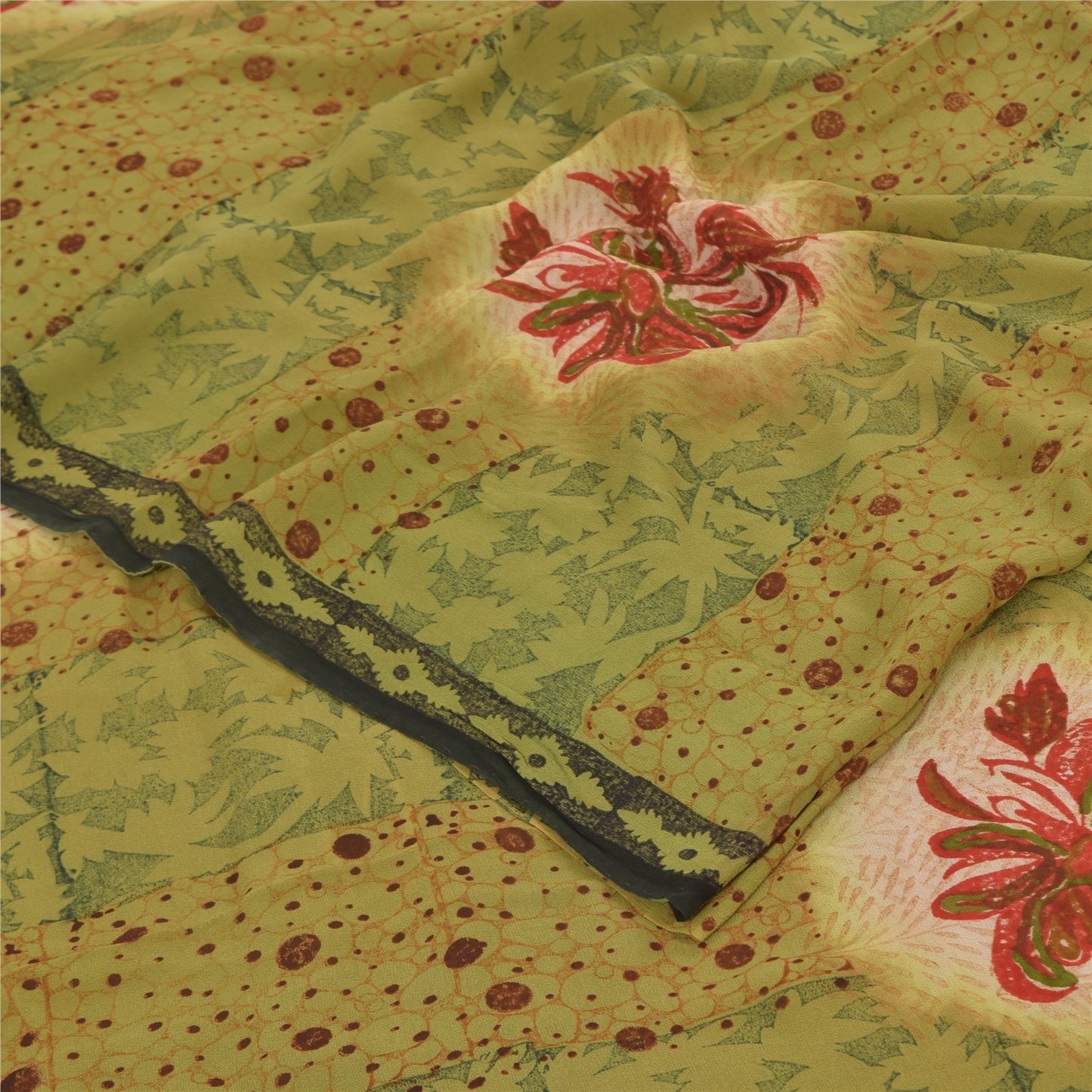 Sanskriti Vintage Sarees Green Pure Georgette Silk Printed Sari 5yd Craft Sustainable Fabric