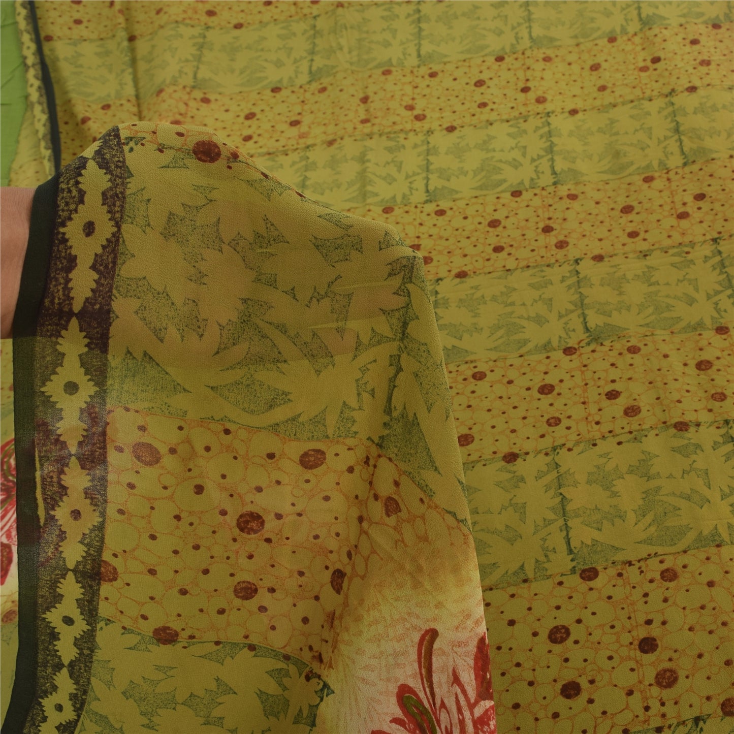 Sanskriti Vintage Sarees Green Pure Georgette Silk Printed Sari 5yd Craft Sustainable Fabric