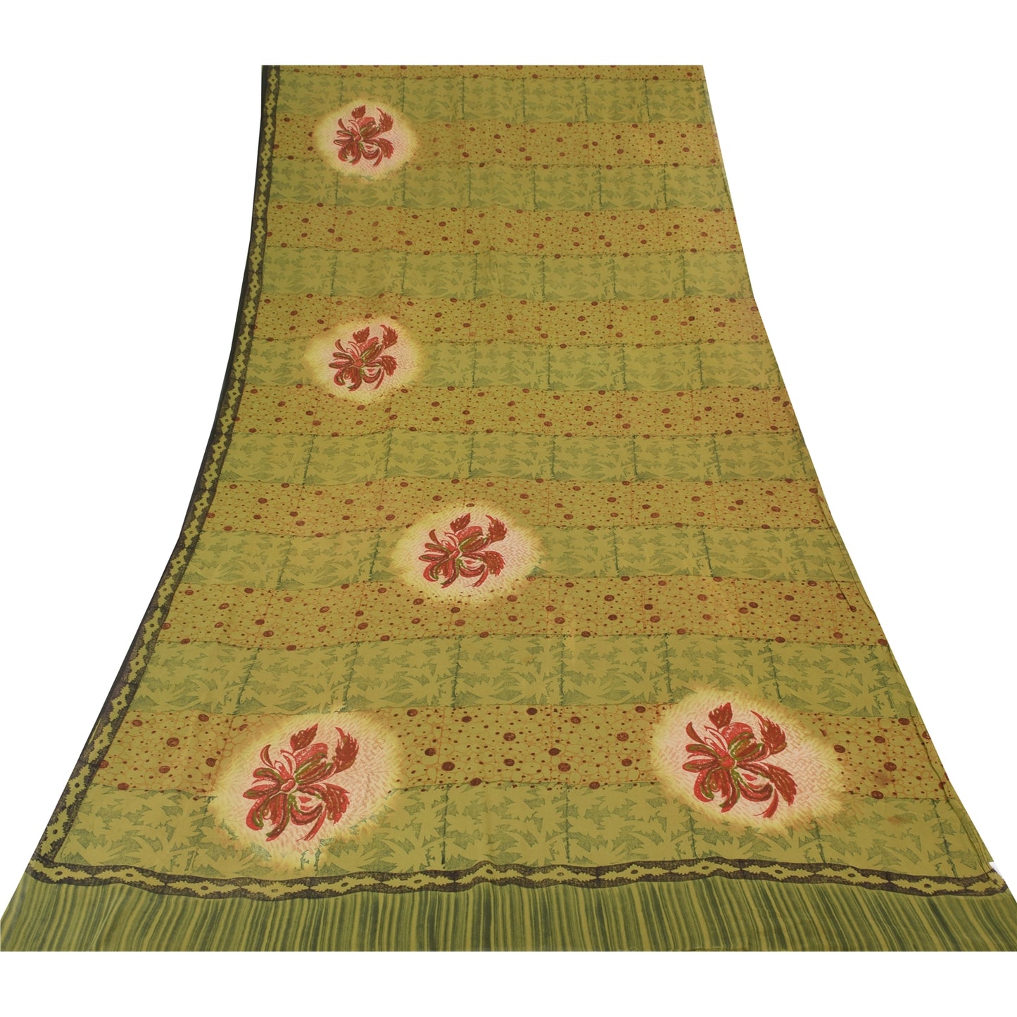 Sanskriti Vintage Sarees Green Pure Georgette Silk Printed Sari 5yd Craft Sustainable Fabric