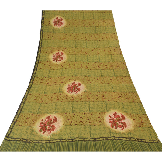 Sanskriti Vintage Sarees Green Pure Georgette Silk Printed Sari 5yd Craft Sustainable Fabric