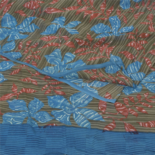 Sanskriti Vintage Sarees Gray Pure Georgette Silk Printed Sari 5yd Craft Sustainable Fabric