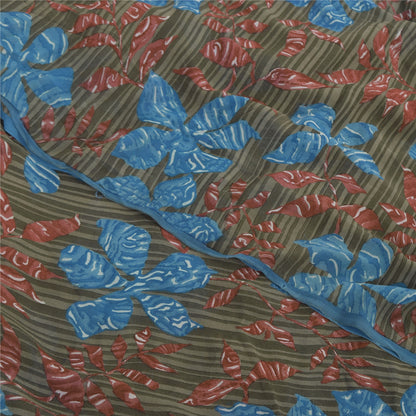 Sanskriti Vintage Sarees Gray Pure Georgette Silk Printed Sari 5yd Craft Sustainable Fabric