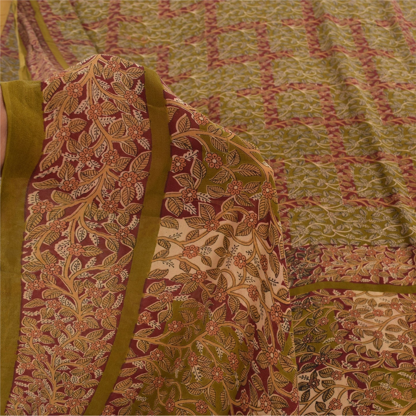 Sanskriti Vintage Sarees Green Pure Georgette Silk Printed Sari 5yd Craft Sustainable Fabric