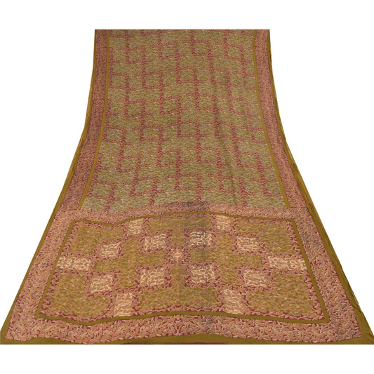 Sanskriti Vintage Sarees Green Pure Georgette Silk Printed Sari 5yd Craft Sustainable Fabric