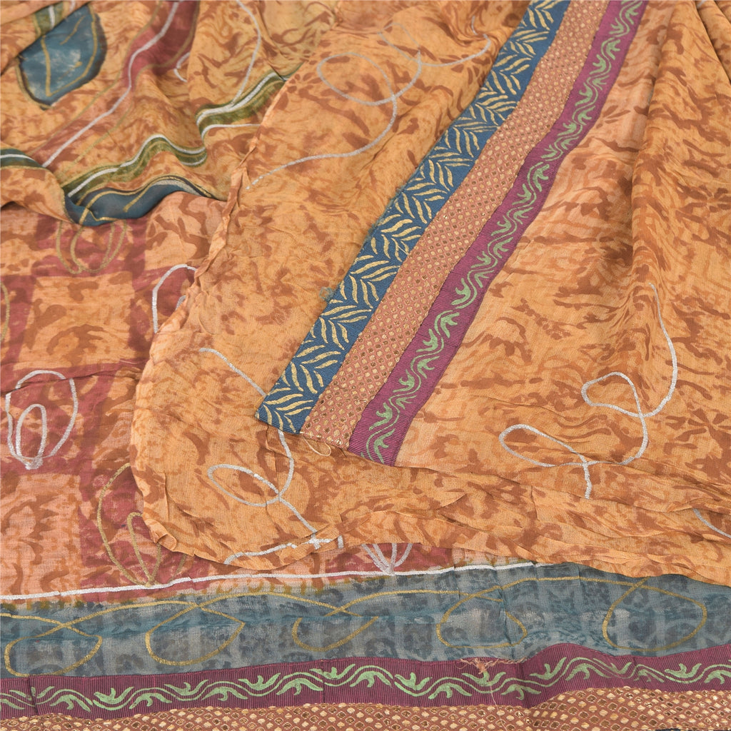 Sanskriti Vintage Sarees Brown Pure Georgette Silk Printed Sari 5yd Craft Sustainable Fabric