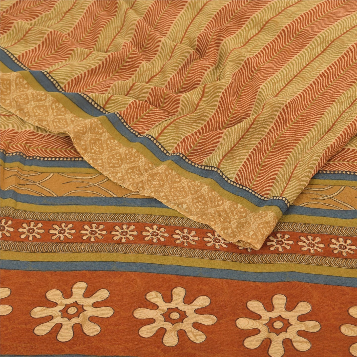 Sanskriti Vintage Sarees Beige/Red Pure Georgette Silk Printed Sari Craft Sustainable Fabric
