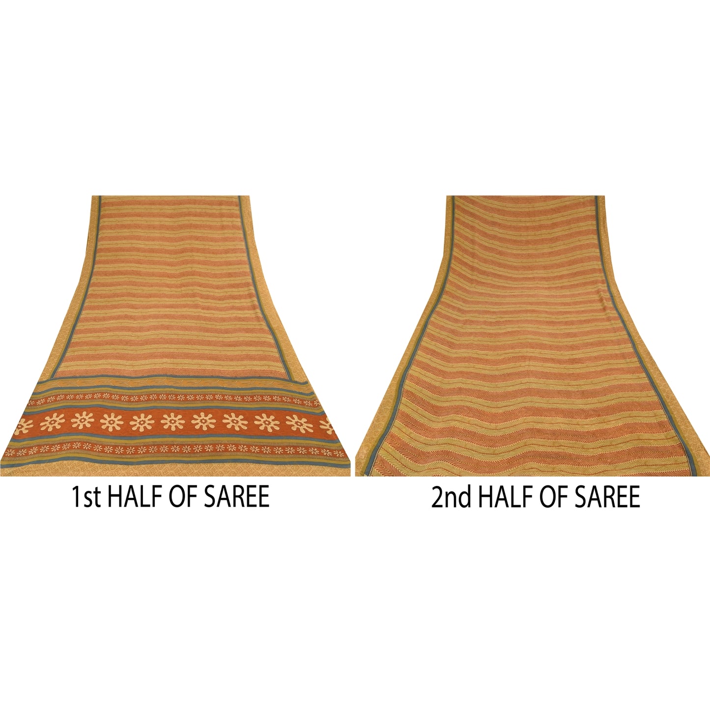 Sanskriti Vintage Sarees Beige/Red Pure Georgette Silk Printed Sari Craft Sustainable Fabric