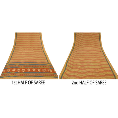 Sanskriti Vintage Sarees Beige/Red Pure Georgette Silk Printed Sari Craft Sustainable Fabric