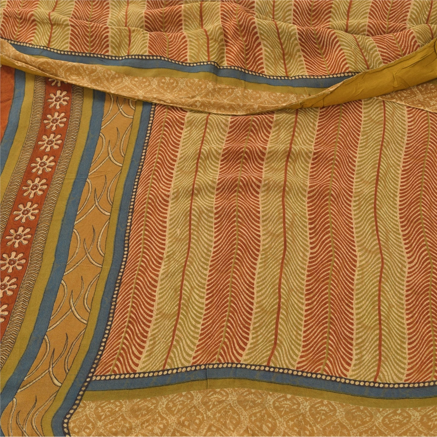Sanskriti Vintage Sarees Beige/Red Pure Georgette Silk Printed Sari Craft Sustainable Fabric