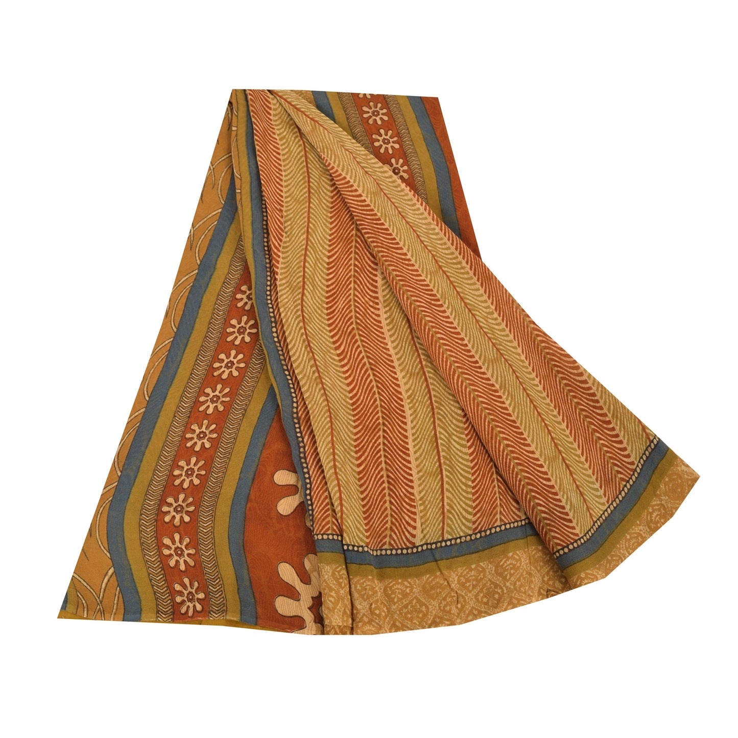 Sanskriti Vintage Sarees Beige/Red Pure Georgette Silk Printed Sari Craft Sustainable Fabric