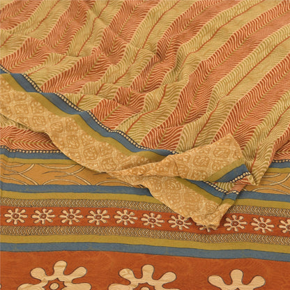 Sanskriti Vintage Sarees Beige/Red Pure Georgette Silk Printed Sari Craft Sustainable Fabric