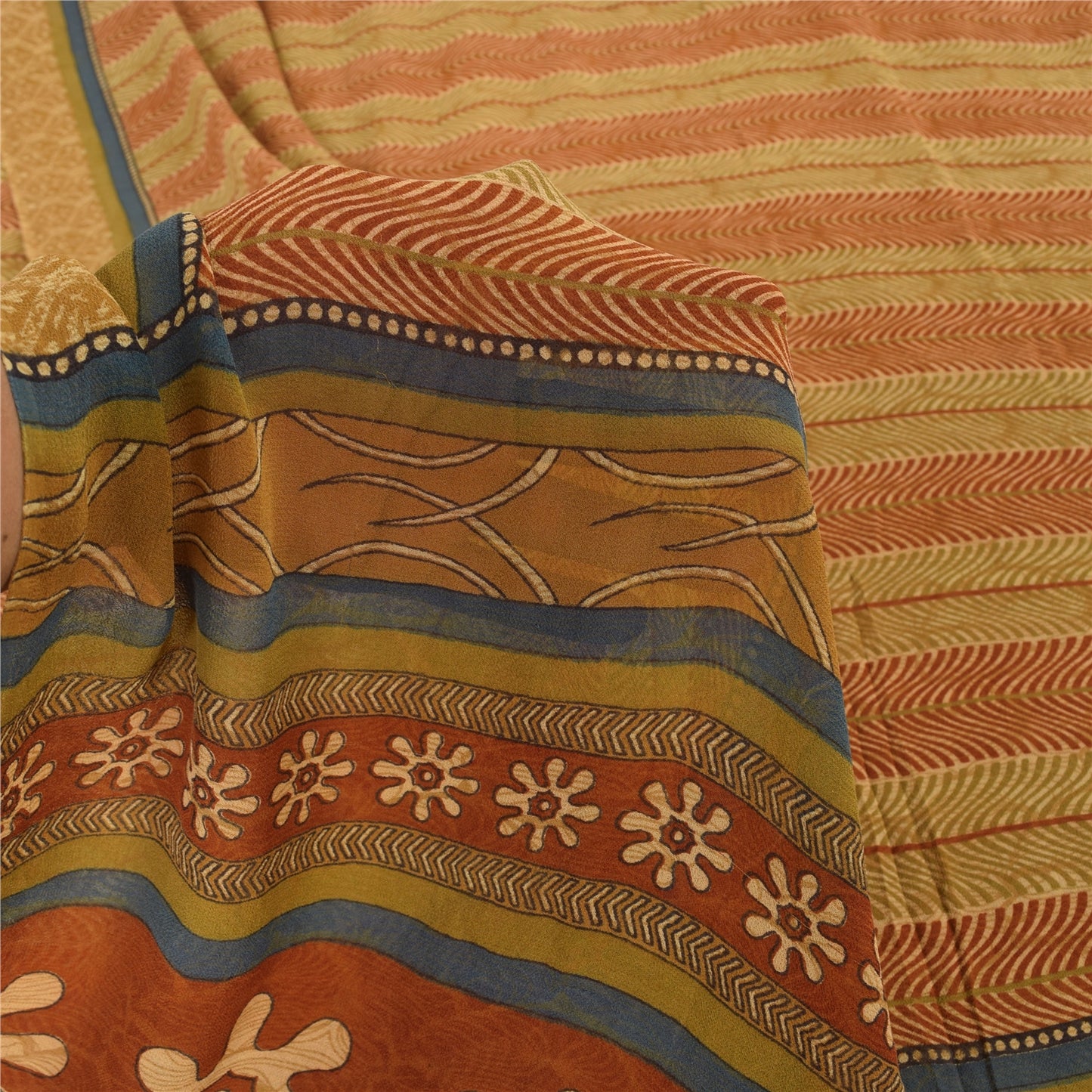 Sanskriti Vintage Sarees Beige/Red Pure Georgette Silk Printed Sari Craft Sustainable Fabric